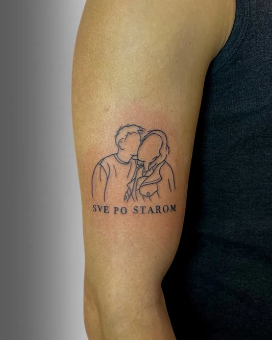 Small Outline KissingCouple Tattoo on Men Arm by @jaksatattoo