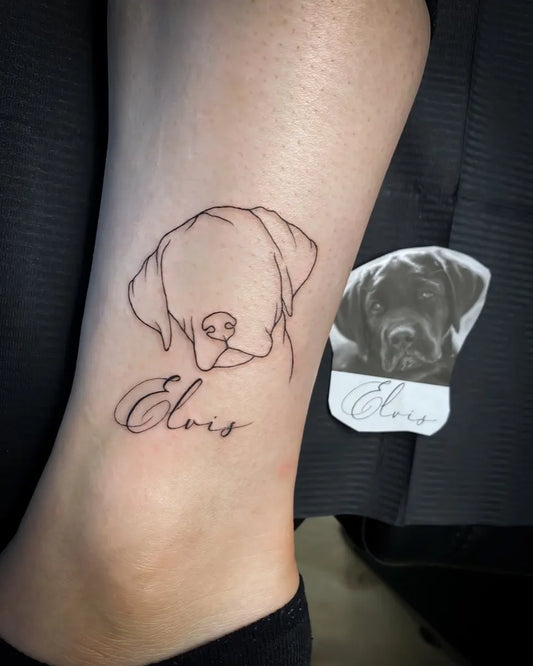 Small Outline Labrador Portrait with Name Tattoo on Women Leg by @karisforniaink