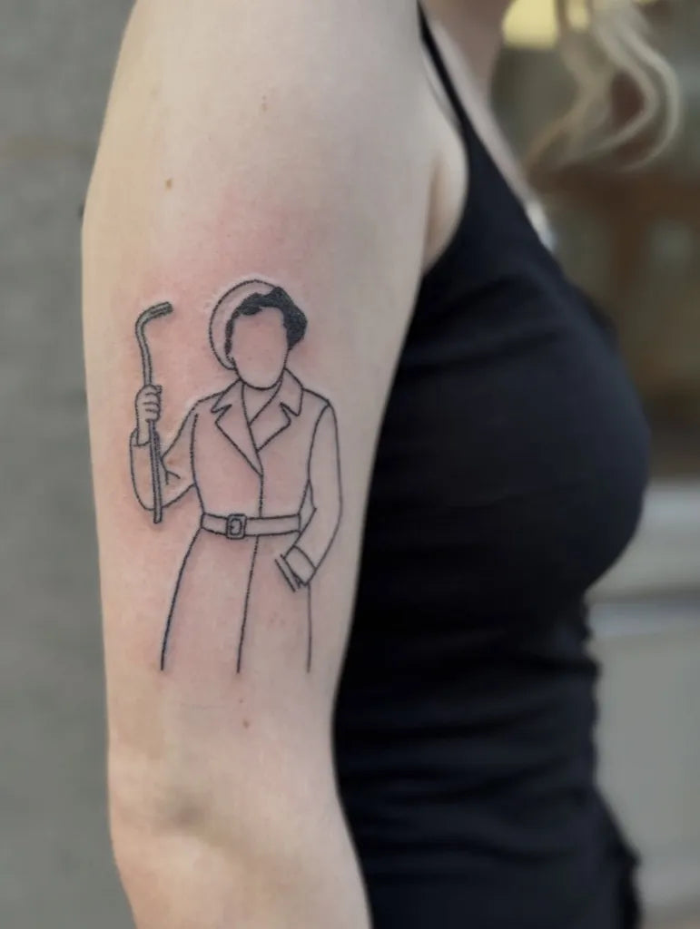 Small Outline Nurse with Cane Tattoo on Women Arm by @bim.tattoo