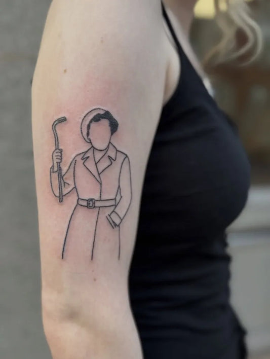 Small Outline Nurse with Cane Tattoo on Women Arm by @bim.tattoo
