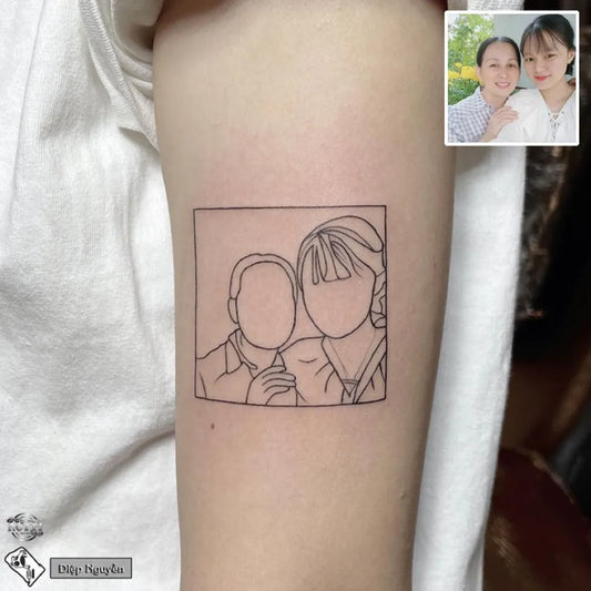 Small Outline Portrait of Couple Tattoo on Women Arm by @rottitattoo