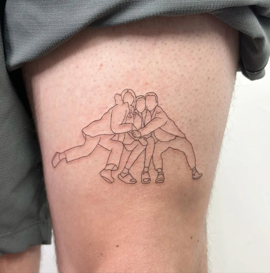 Small Outline Three Hugging Figures Tattoo on Men Thigh by @ashley.tatts