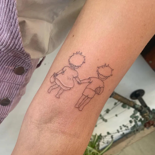 Small Outline Two Children Holding Hands Tattoo on Women Arm by @artfulink.margaretriver