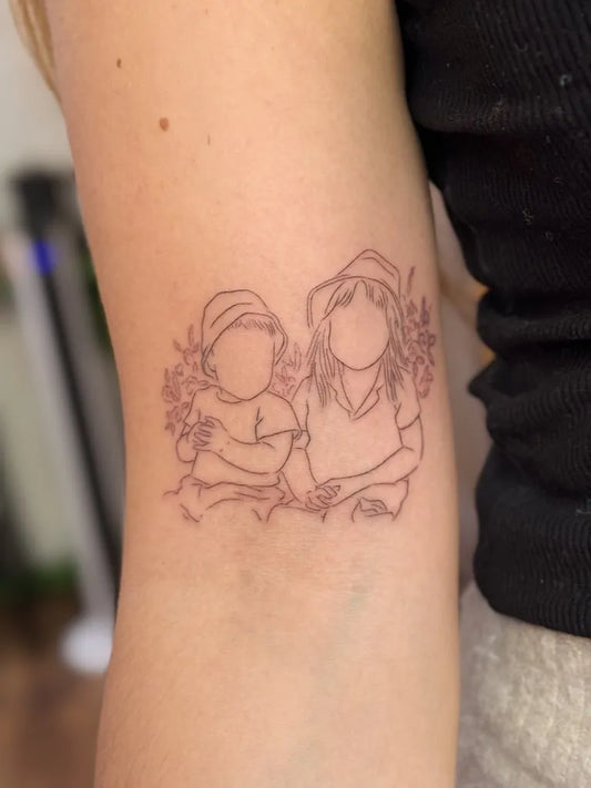 Small Outline Two Children with Flowers Tattoo on Women Arm by @sointutattoo