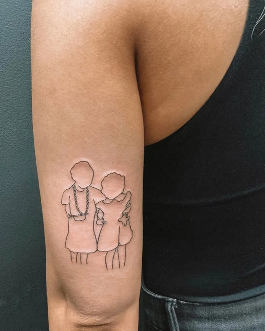 Small Outline Two Girls Hugging Tattoo on Women Arm by @hybridink.helsinki