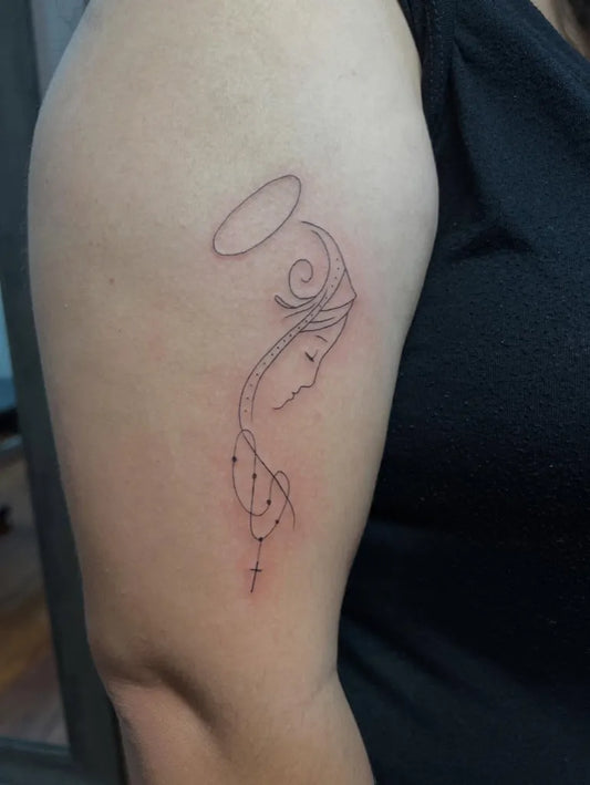 Small Outline Virgin Mary Rosary Tattoo on Women Arm by @el.tavo.tattoos