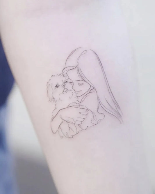Small Outline Woman Hugging Shih Tzu Tattoo on Women Arm by @peppa_tattoos