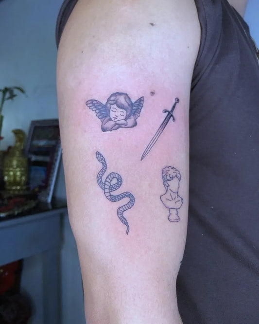 Small Patchwork Angel Sword Snake Bust on Men Arm Tattoo by @aybantatu