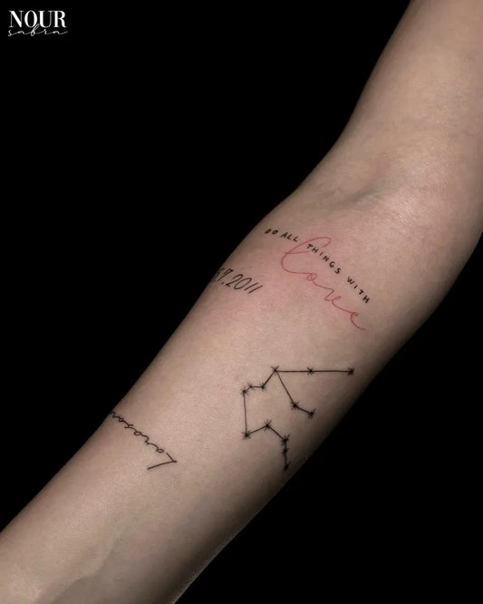 Small Patchwork Cancer Constellation Handwritten Text Name on Women Arm Tattoo by @nourbeautylounge_