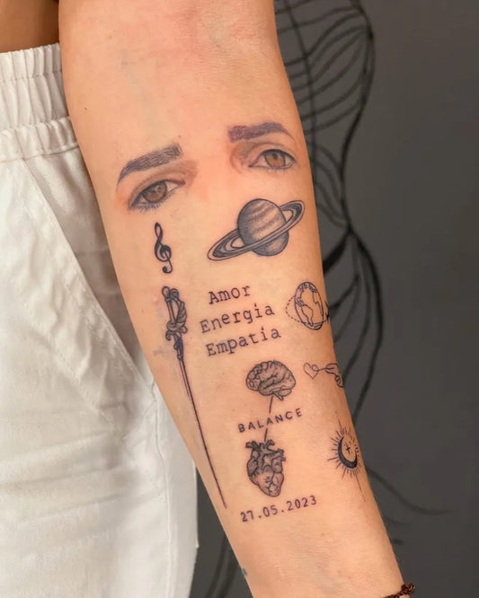 Small Patchwork EyesPlanetsSymbols on Women Arm Tattoo by @tattooculturapr