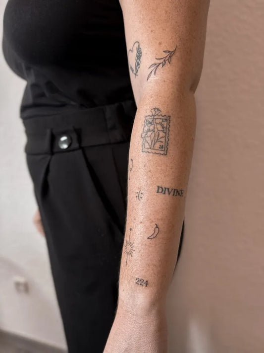 Small Patchwork Feather Box Divine Women Arm Tattoo by @hermine.tattoo