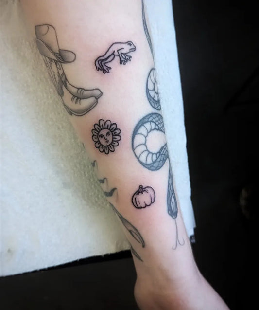 Small Patchwork Frog Banana Pumpkin on Women Arm Tattoo by @caracaskets