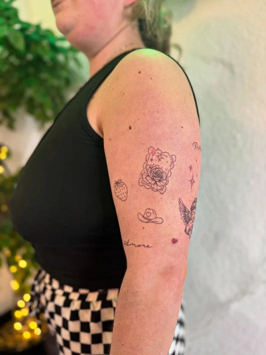 Small Patchwork Hello Kitty Flower Strawberry on Women Arm Tattoo by @aaronjtattoo