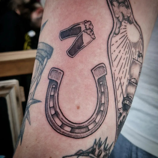 Small Patchwork Horseshoe Beer Mugs on Men Arm Tattoo by @eulalia.tattoos_