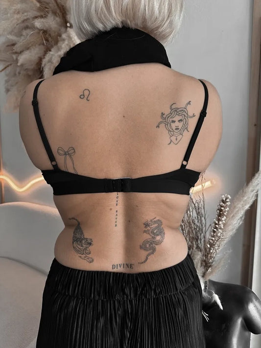 Small Patchwork Leo Medusa Dragon on Women Back Tattoo by @john.atattoo