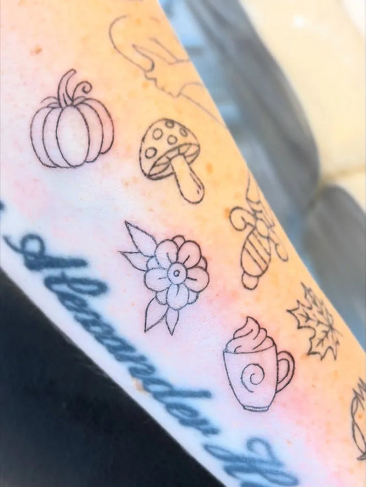 Small Patchwork Pumpkin Mushroom Flower on Women Arm Tattoo by @slb.beauty2013