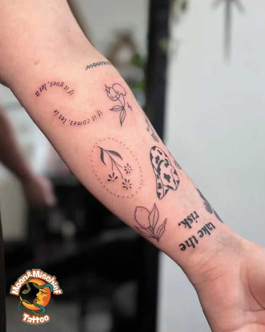 Small Patchwork Script Text Floral Designs Mushroom on Women Arm Tattoo by @moonandmischieftattoo