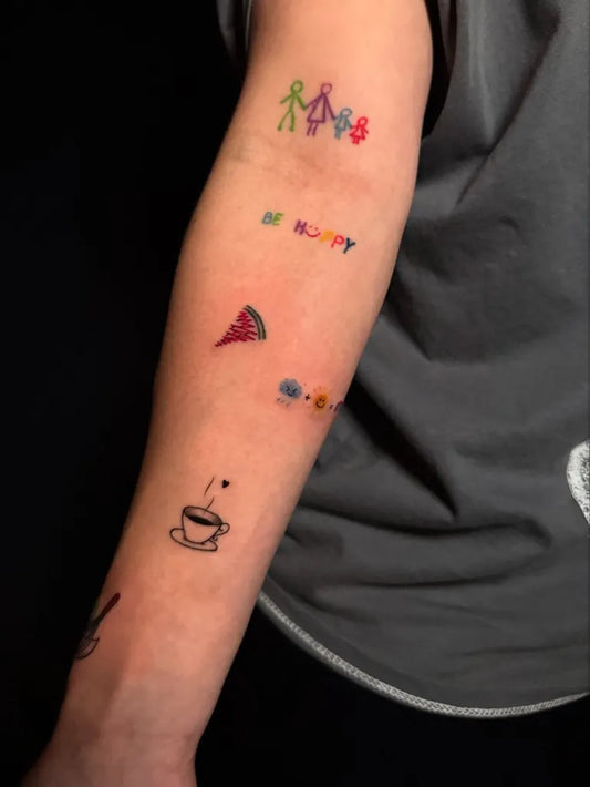 Small Patchwork Stick Figures Watermelon Coffee Cup on Women Arm Tattoo by @dzik_69_tattoo