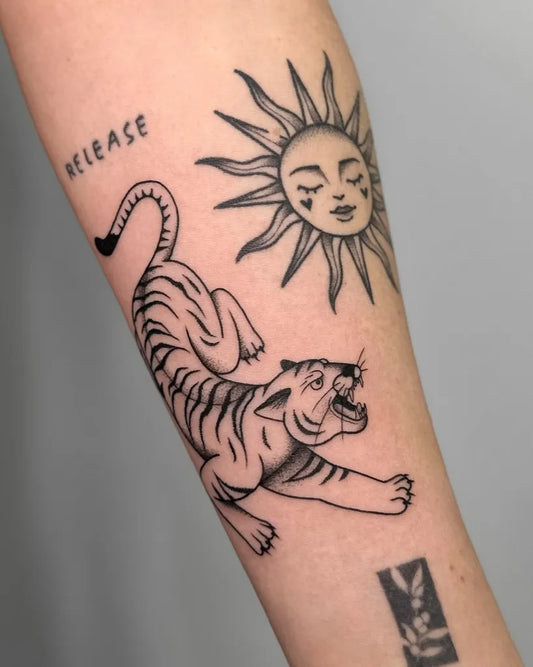 Small Patchwork Tiger Sun Release Text on Women Arm Tattoo by @jana_kuehnel_tatu