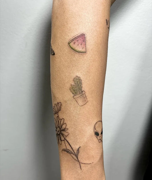 Small Patchwork Watermelon Cactus Daisy Alien on Women Arm Tattoo by @madcap_tattoo