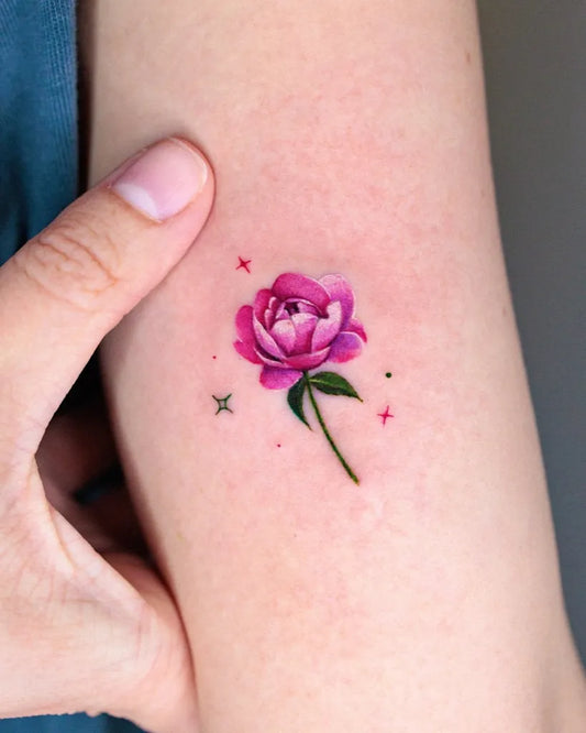 Small Pink Peony with Stars on Women Arm Tattoo by @ssuncolor