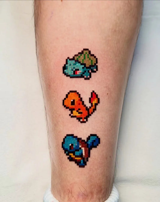 Small Pixel Art Pokemon Tattoo on Women Leg by @ana666tattoo