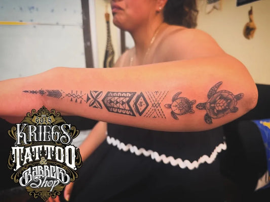 Small Polynesian Turtles on Women Forearm Tattoo by @kriegs_christopherr