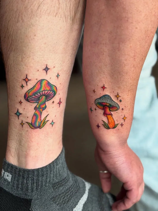 Small Psychedelic Mushroom with Stars on Women Ankle Tattoo by @inkedbyrainbowrage