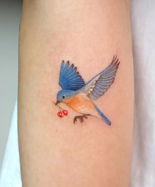 Small Realism Bluebird with Cherries Tattoo on Women Arm by @eunyutattoo