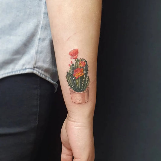 Small Realism Cactus in Pot Tattoo on Women Forearm by @tattoo.kubik