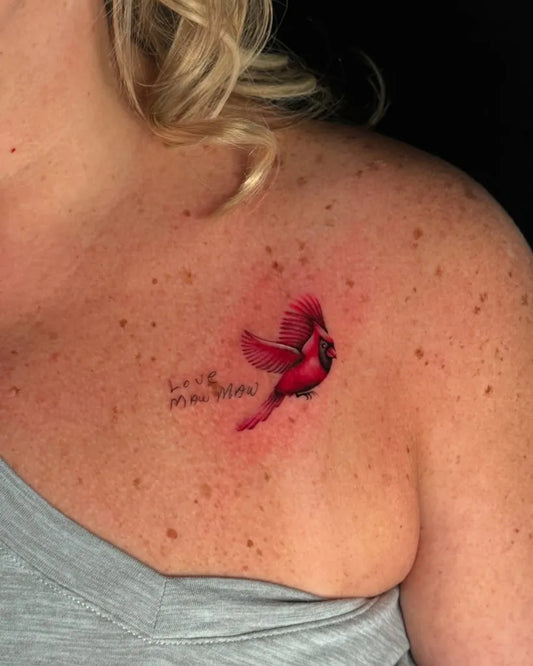 Small Realism Cardinal Bird Tattoo on Women Shoulder by @softpawsink