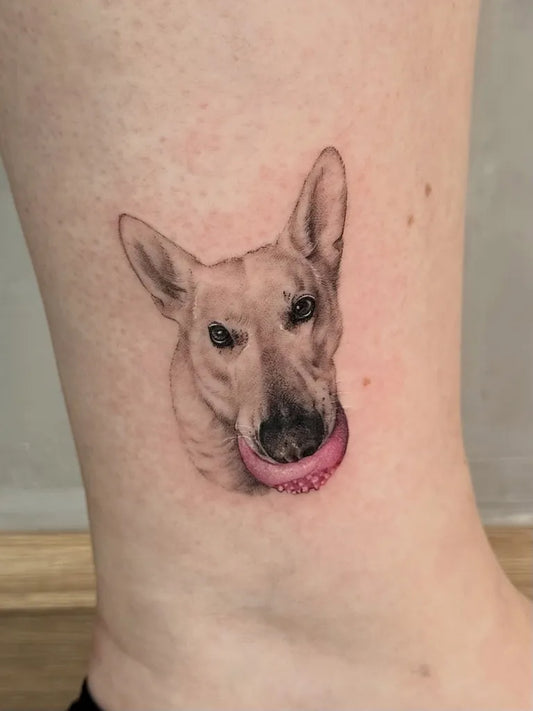 Small Realism Dog with Ball Tattoo on Women Ankle by @gabileilek