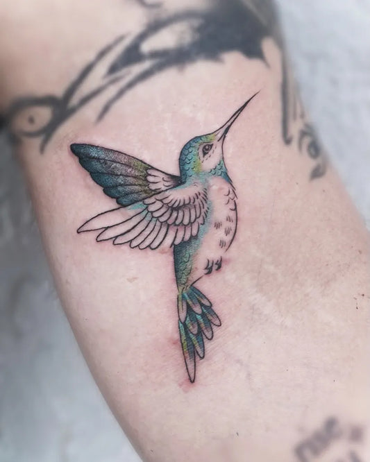 Small Realism Hummingbird on Women Arm Tattoo by @rivkah.inkweaver