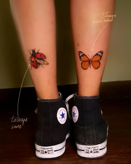 Small Realism Ladybug Butterfly Tattoo on Women Leg by @tat.art__