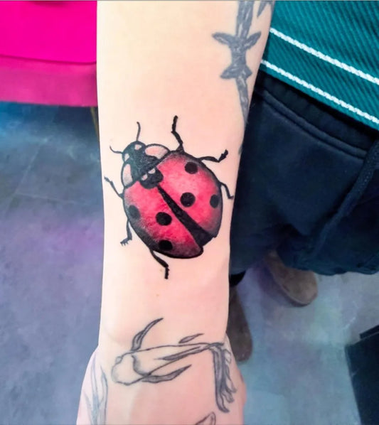 Small Realism Ladybug Tattoo on Women Arm by @vivid_bodyart