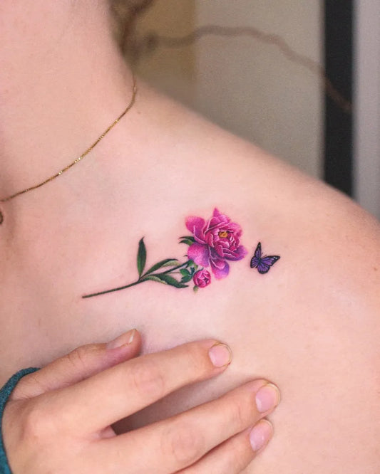 Small Realism Peony and Butterfly on Women Shoulder Tattoo by @ssuncolor