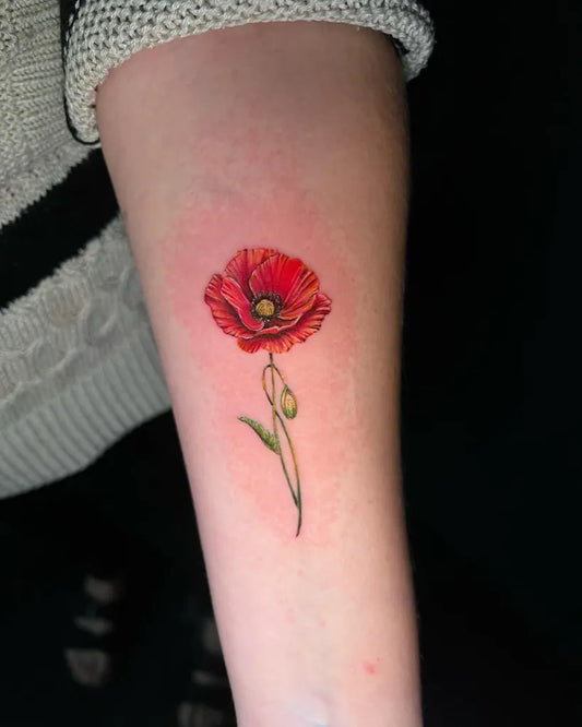 Small Realism Poppy Flower Tattoo on Women Arm by @tats.on.the.rox