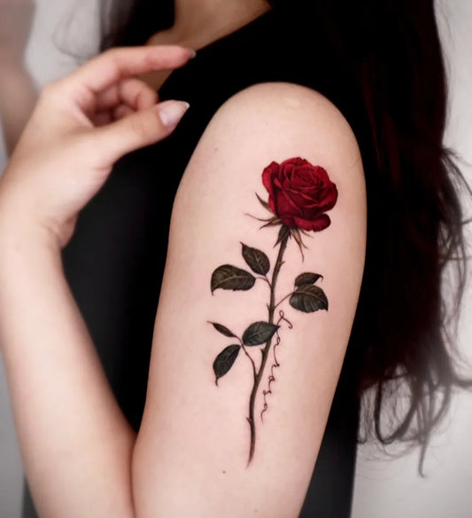 Small Realism Rose on Women Shoulder Tattoo by @miiu_tattoo