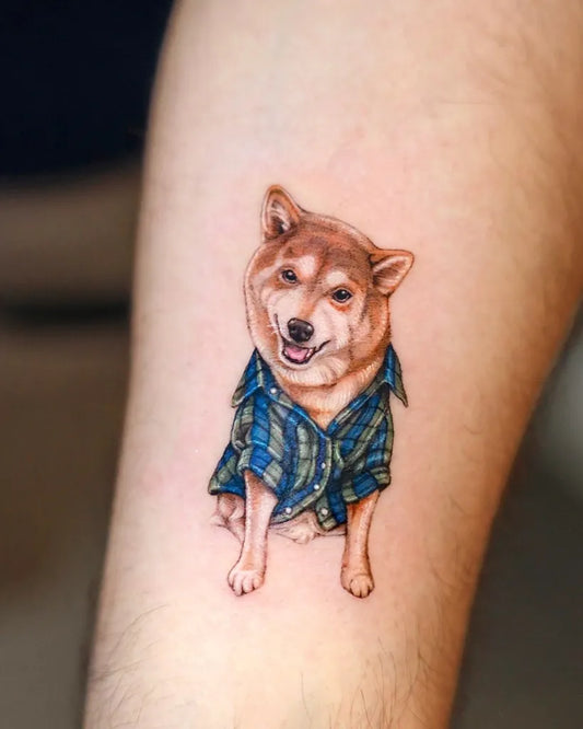 Small Realism Shiba Inu in Plaid Shirt Tattoo on Men Arm by @xiso_ink