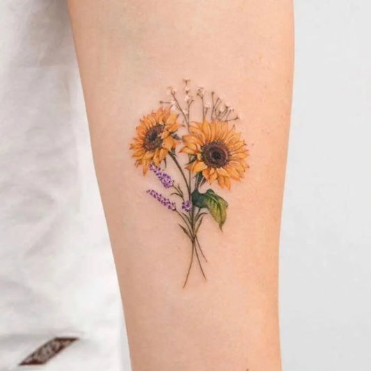 Small Realism Sunflower Lavender Bouquet on Women Arm Tattoo by @tattoo_korea_
