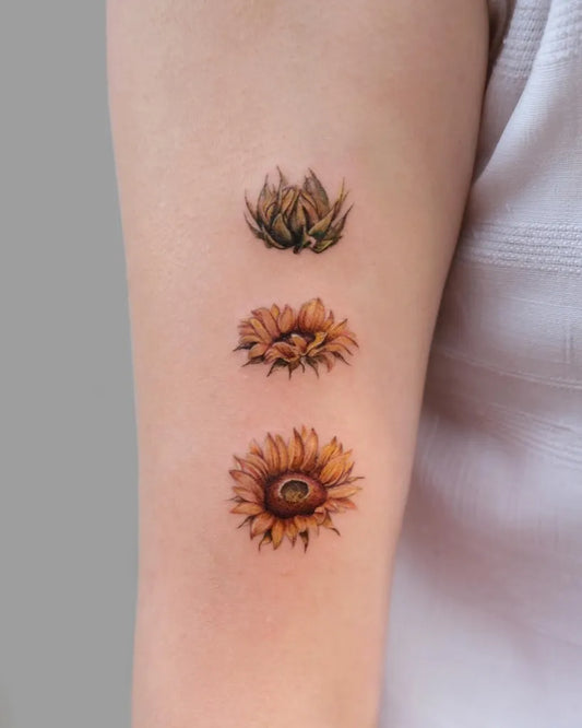 Small Realism Sunflower Succulent on Women Arm Tattoo by @ceren.tattoo
