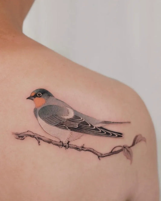 Small Realism Swallow Bird Tattoo on Men Shoulder by @otat.sketchbook