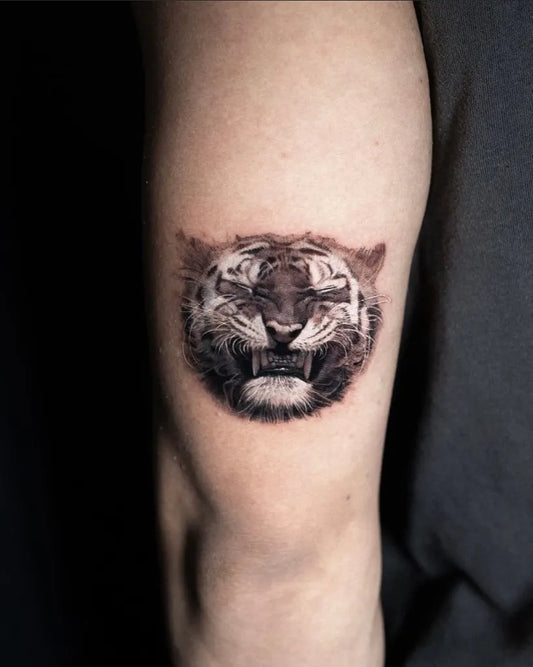 Small Realism Tiger on Women Arm Tattoo by @txttooing