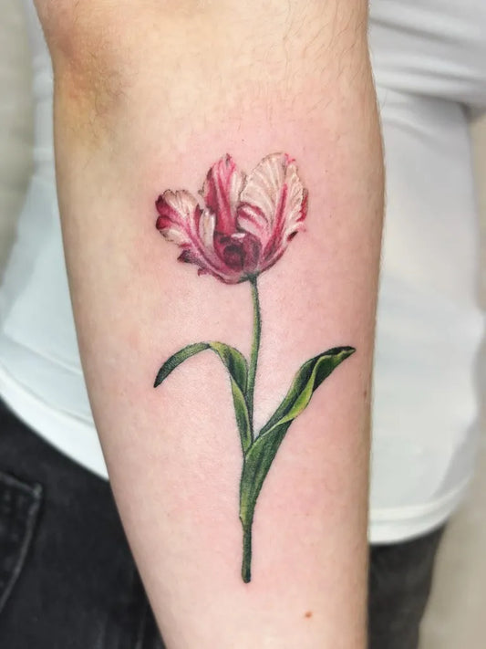 Small Realism Tulip Tattoo on Women Arm by @mackandthemoon