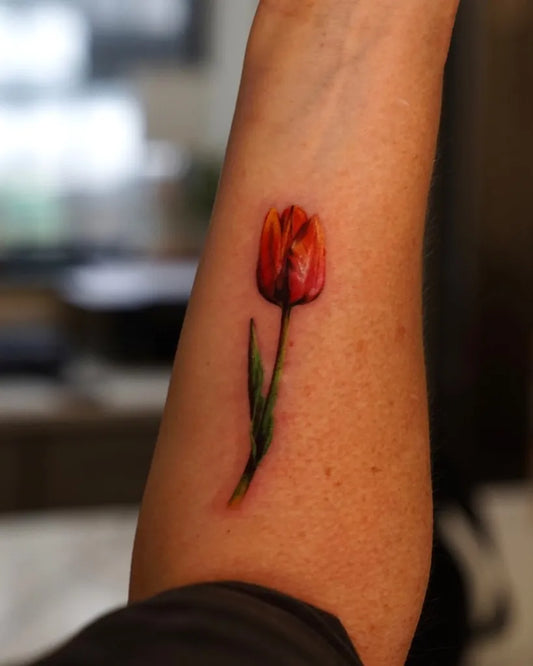 Small Realism Tulip Tattoo on Women Forearm by @tifflai.tattoos