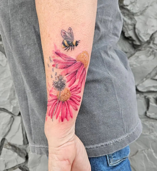 Small Realism watercolor Bee Dandelion Flower on Women Arm Tattoo by @bethany_sasaki