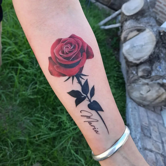 Small Realistic Red Rose with Maria on Women Arm Tattoo by @mikemikeska