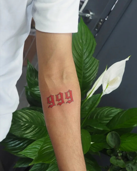 Small Red 999 Tattoo on Men Arm by @weetogrix