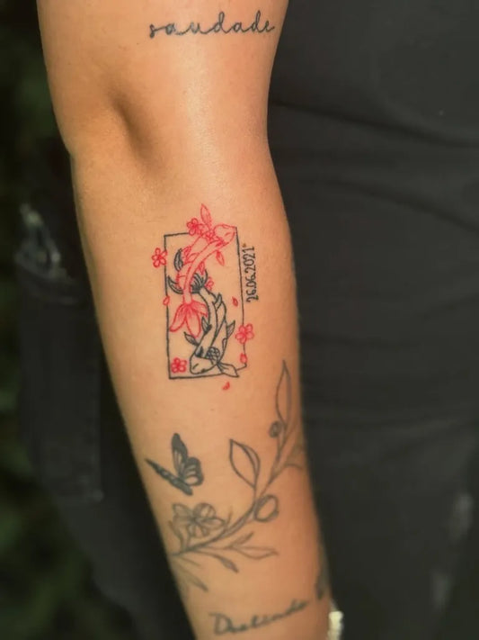 Small Red FlowerFrameButterflyBranch Tattoo on Women Arm by @cutclinicfafe