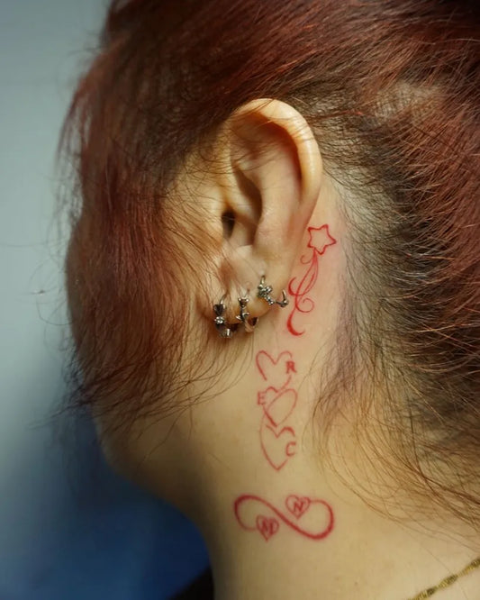 Small Redline Heart Star Infinity Tattoo on Women Behind the Ear by @herwayzz